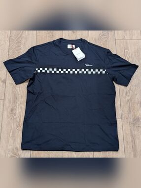 $300 Mens BALLY Checkered Stripe Crewneck T-Shirt Navy XL